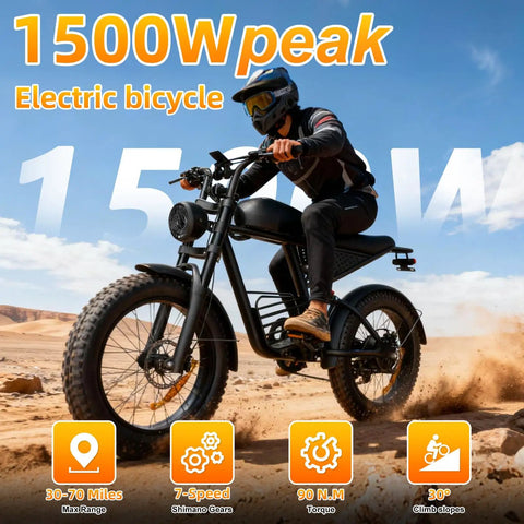 Electric Bike For Adults With 1600W Peak Motor 35 MPH Top Speed 60 Mile Range 18.9Ah Battery 20 Inch Fat Tire Moped E Bike Retro Style Headlights Shipped From USA Warehouse Durable Aluminum Frame For Comfort On All Terrain Rides rider on black fat tire bike in desert