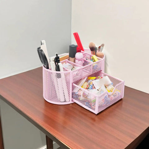 Desk Organizer With Pencil Holder And Drawer, 8 Compartments For Home Office And School, Cherry Blossom Pink, Non Slip Base, Quick Grab Clear View For Easy Access, Compact Desktop Storage.