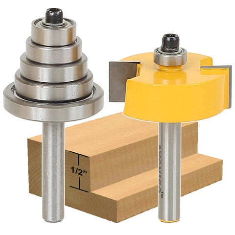 Boss Level Half Inch Rabbet Router Bit Set Featuring Six Reliable Bearings And A Quarter Inch Shank crafted from tungsten steel, shown with wood.