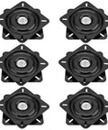 Built Tough Six Pack Black Square Bar Stool Swivel Plate Six Point Two Five Inches Heavy Duty Ball Bearing Furniture Replacement Three Six Zero Rotation Mount Kit For Porches Or Patios set of six black swivel seat bases with ball bearings.
