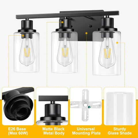 Three Light Matte Black Vanity Fixture with glass shades and E26 max 60W base, shown with mounting hardware.
