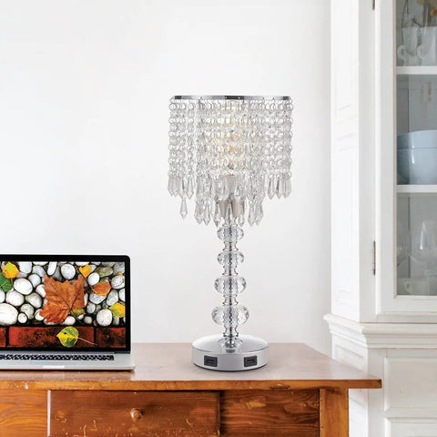 Crystal Table Lamp for Bedroom Nightstand With USB Ports on wooden desk beside laptop