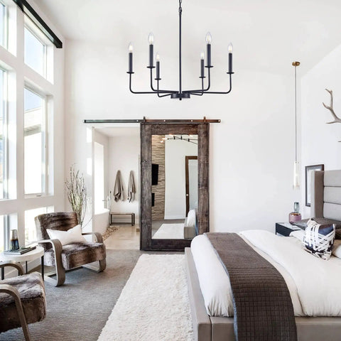 Six Light Black Farmhouse Chandelier With Modern Pendant Design For Dining Room Kitchen Island Entryway Living Room Rustic Industrial Candle Style Ceiling Light