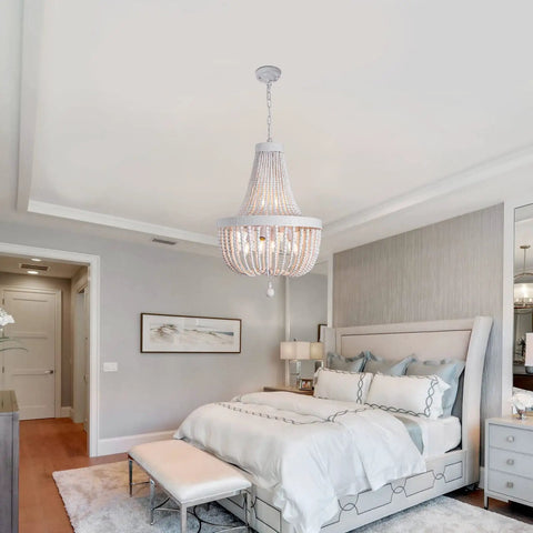 Bedroom view featuring Six Light Boho Wood Beaded Chandelier Rustic Farmhouse Pendant Light For Dining Room Kitchen Living Room Hallway Foyer Entryway White Diameter 18.5 Inches