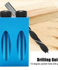 Essential 14 Piece Pocket Hole Jig Drill Kit With 15 Degree Dowel Joinery Set, blue aluminum drill guide and bit.
