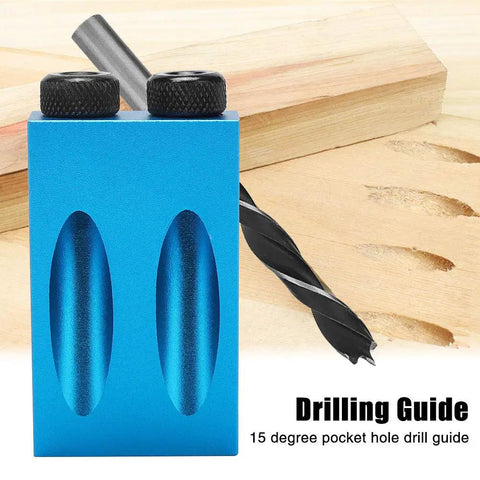 Essential 14 Piece Pocket Hole Jig Drill Kit With 15 Degree Dowel Joinery Set, blue aluminum drill guide and bit.