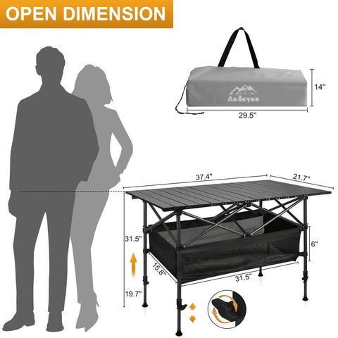 Folding Camping Table With Roll Up Top Height Adjustable Portable Metal Camp Table For Picnic Or Cookout 37.4 Inch Surface