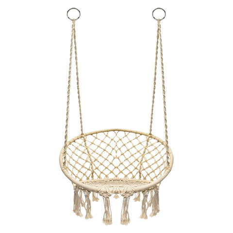 Boho Macrame Swing Chair For Indoor And Outdoor Use, Durable Cotton Hanging Hammock with fringe tassels and ceiling mount rings