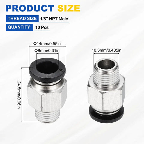 10 Pack Push To Connect Fittings For 1 Eighth NPT Pneumatic Systems, Nickel Plated Brass Straight Male Adapters, Fits 8mm Tubing, Black