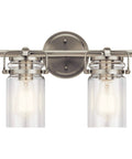 Farmhouse Vanity Light In Brushed Nickel With Clear Glass, Two Light Fixture For Modern Bathroom Or Powder Room, 15.75 Inch Wide By 10 Inch High