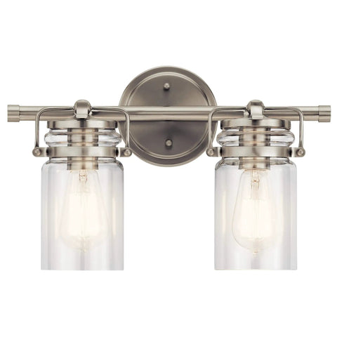 Farmhouse Vanity Light In Brushed Nickel With Clear Glass, Two Light Fixture For Modern Bathroom Or Powder Room, 15.75 Inch Wide By 10 Inch High