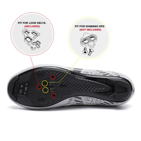 Road Bike And Indoor Cycling Shoes With Preinstalled Delta Cleats For Men Women, Unisex Size 5.5 Gray, sole view with cleat setup.