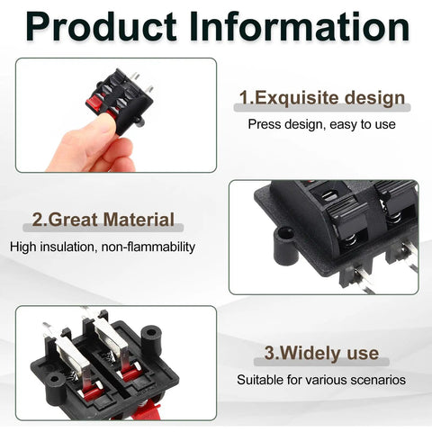 Four Way Spring Terminal Clip Push Release Connector Plate Jack Socket, durable plastic, red/black coding, multi-view.