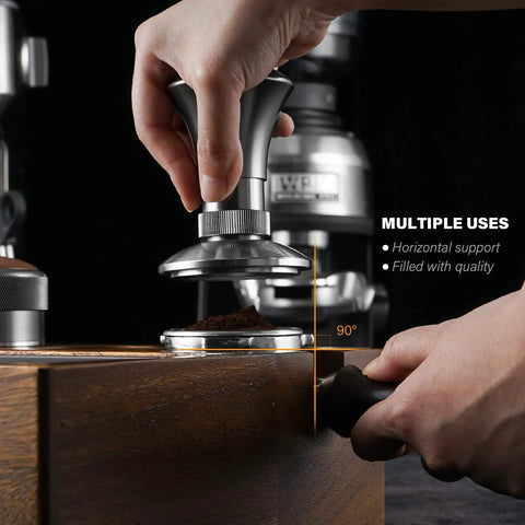 Using 4 In 1 Walnut Pro Barista Style Espresso Tamping Station And Knock Box For 58mm Portafilter with hands tamping coffee