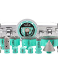 Pro Grade All In One Diamond Hole Saw Kit For Tile 6 To 100mm With Cutting Disc 13 Piece Set displayed with carrying case