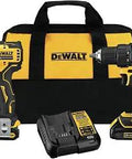 Atomic 20V Max Cordless Drill Combo Kit Compact and Lightweight With LED Foot Light shown with bag and charger