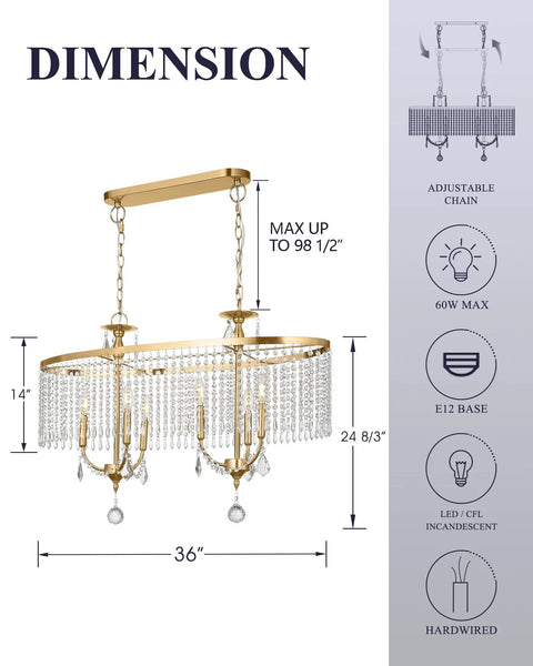 Dimensions of Lit 6 Light Gold Crystal Chandelier with K9 Crystals and Warm Gold Frame, adjustable height to 98 1/2 inches.