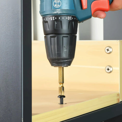 Number Eight By Three Quarters Inch Self Tapping Pan Head Wood Screws With Phillips Drive and Black Oxide Finish being used with a drill.