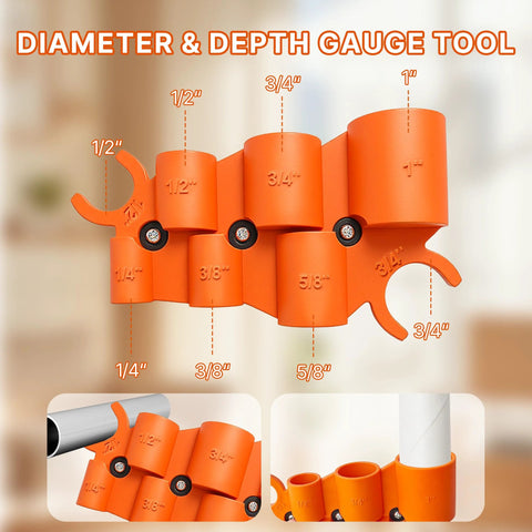 Front view of orange plastic pipe deburring tool with adjustable sockets labeled 1/4–1 in for inner/outer reaming.