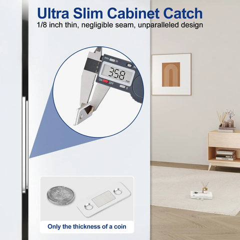 Image showing kitchen interior with Ultra Thin Stainless Steel Cabinet Magnetic Catch Set Of 6 with Adhesive Drawer Latch Closures and thickness measurement.