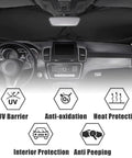 Universal Car Windshield Sun Shade Foldable Front Window Cover Blocks UV Rays and Heat Easy Install Fits Most Vehicles 59 By 27.5 Inches displayed inside car, highlighting features like UV barrier and heat protection.