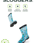 Women Mid Calf Waterproof Garden Rain Boots With Killer Traction And Legit All Day Comfy Support Insole For Yard Work Or Rainy Days Snazzy Black And White Polka Dot Style Made Stateside True To Size, blue floral pattern, waterproof design.