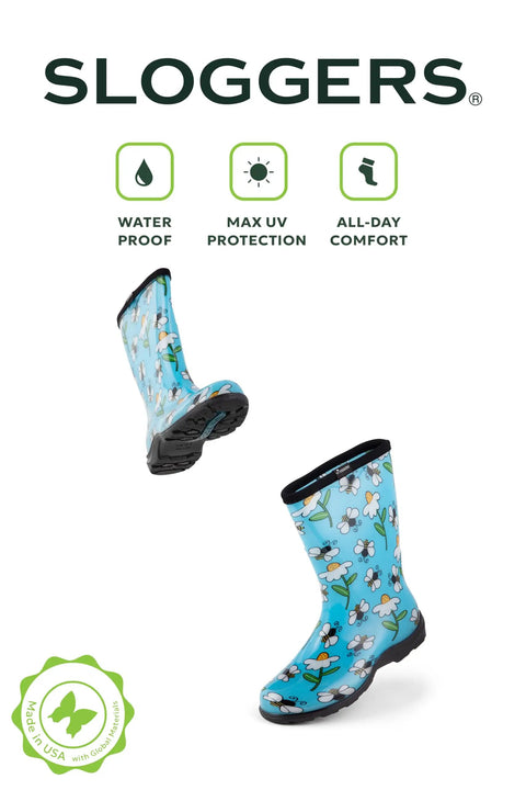 Women Mid Calf Waterproof Garden Rain Boots With Killer Traction And Legit All Day Comfy Support Insole For Yard Work Or Rainy Days Snazzy Black And White Polka Dot Style Made Stateside True To Size, blue floral pattern, waterproof design.