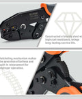 Pro Grade Ratchet Wire Crimping Tool Set with 5 Interchangeable Jaws for Insulated and Non-Insulated Terminals, close-up view
