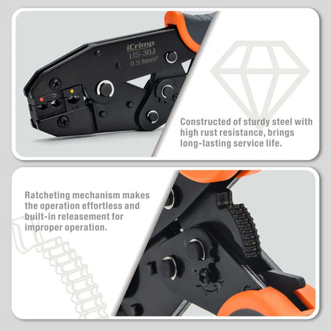 Pro Grade Ratchet Wire Crimping Tool Set with 5 Interchangeable Jaws for Insulated and Non-Insulated Terminals, close-up view