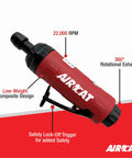 Heavy Duty Shop Workhorse Pneumatic Die Grinder,.5 HP Motor, 22000 RPM Straight Body with safety lock-off trigger feature.