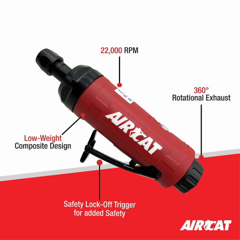 Heavy Duty Shop Workhorse Pneumatic Die Grinder,.5 HP Motor, 22000 RPM Straight Body with safety lock-off trigger feature.