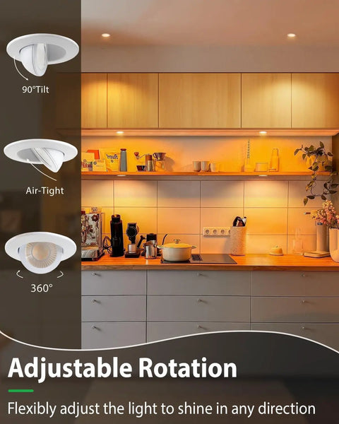 zouzai 2 Inch Gimbal LED Recessed Lights, 5CCT, 5W 550LM, White 4 Pack in kitchen with adjustable 360° rotation and 90° tilt features.