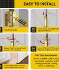 JOYNY 2-pack 4-inch gold-finish self-closing door hinges; spring-loaded with step-by-step installation diagram.