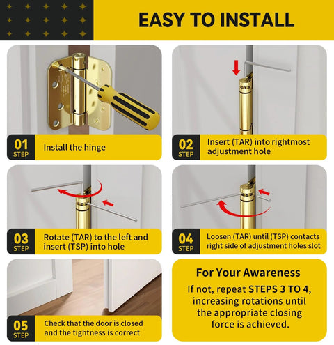 JOYNY 2-pack 4-inch gold-finish self-closing door hinges; spring-loaded with step-by-step installation diagram.