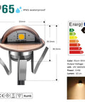 Product details of Low Voltage IP65 Waterproof Half Moon LED Step Lights with energy rating chart and dimensions.