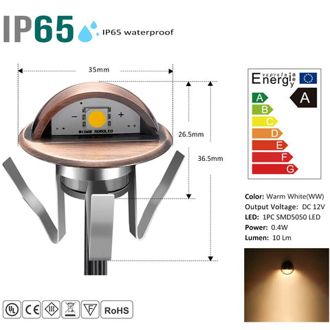 Product details of Low Voltage IP65 Waterproof Half Moon LED Step Lights with energy rating chart and dimensions.