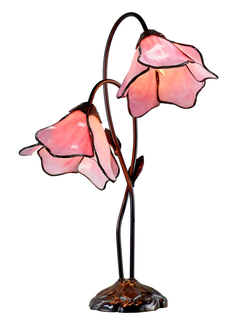 Poelking 2-Light Pink Lily Table Lamp With Bronze Finish showing elegant glass lily panels and carved metal stem.