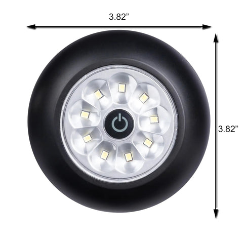 9-LED Anywhere Light XB Black 3 Pack With Ultra Bright Floodlight, dimensions 3.82 inches, circular design, one-touch on/off button