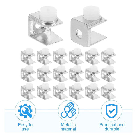 40 Piece Zinc Alloy Glass Shelf Clamp Brackets For Shower Glass Panels And Floating Shelves With Rock Solid Grip Heavy Duty Construction And Adjustable Clamp 3 To 8 Mm Durable No Discoloration shown in packaging