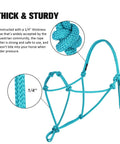 Yearling Size Turquoise Rope Halter For Horses, Super Sturdy Training Halter With Four Knots, One Quarter Inch Stiff Rope Design