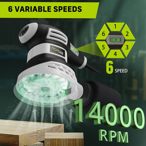 Beefy 3.0A 360W Random Orbital Sander Kit showing 6 variable speeds and 14000 RPM features, side view