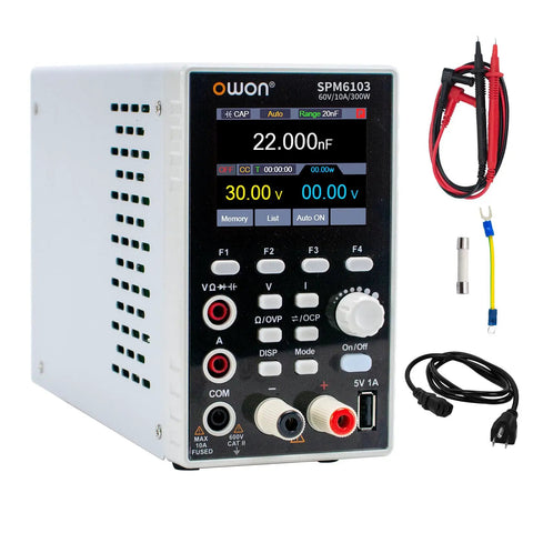 Front view of 2 In 1 Power Supply And Multimeter with 0 to 60V and 0 to 10A range, LED display, and USB interface, cables included