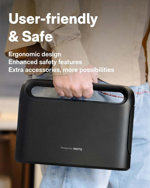 Front view of a black HOTO compact tool kit case with a built-in carry handle, held by a person.
