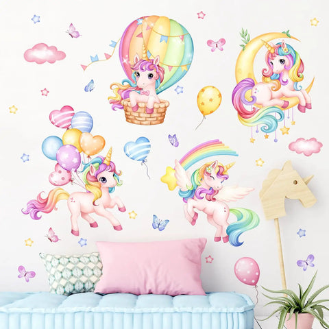 Whimsical Rainbow Unicorn Wall Decals Set With Balloons, Moon, Clouds And Stars For Nursery, Girls Bedroom And Kids Room Decor