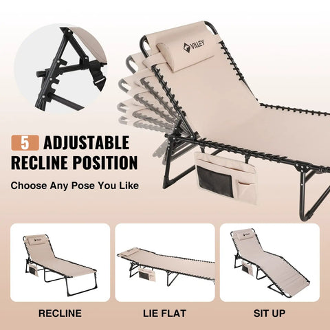Oversized Chaise Lounge Chair With Five Adjustable Positions showcasing reclining angles, heavy duty, beige color.