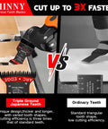 Kickass Japanese Tooth Oscillating Tool Blades 10 Piece Set comparison image showing enhanced cutting efficiency vs. ordinary blades.
