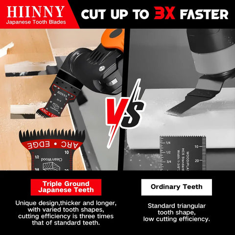 Kickass Japanese Tooth Oscillating Tool Blades 10 Piece Set comparison image showing enhanced cutting efficiency vs. ordinary blades.