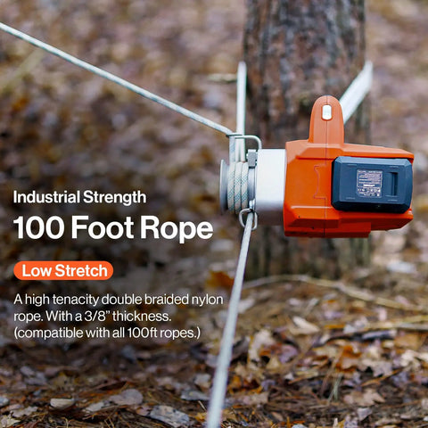 SuperHandy Portable Capstan Winch 2000 Lb Pull DC 48V Brushless Motor For Off Road Recovery And Forestry Heavy Duty Steel Construction Rope Hoist High Performance Power Tool For Tough Jobs, with a 100 foot low stretch nylon rope.