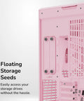 Modern Gaming Pc Case Featuring Panoramic Glass And Sleek Dual Chambers Built For Stress Free Atx Builds Fueled By Lightning Airflow Through Tidy Wire Runs Includes A Flossy PCIe 4.0 Riser Cable In Strawberry Pink with floating storage seeds for easy access.