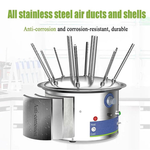 Top Tier 800W Lab Airflow Dryer Electric Drying Rack with stainless steel air ducts for lab glassware cleaning.